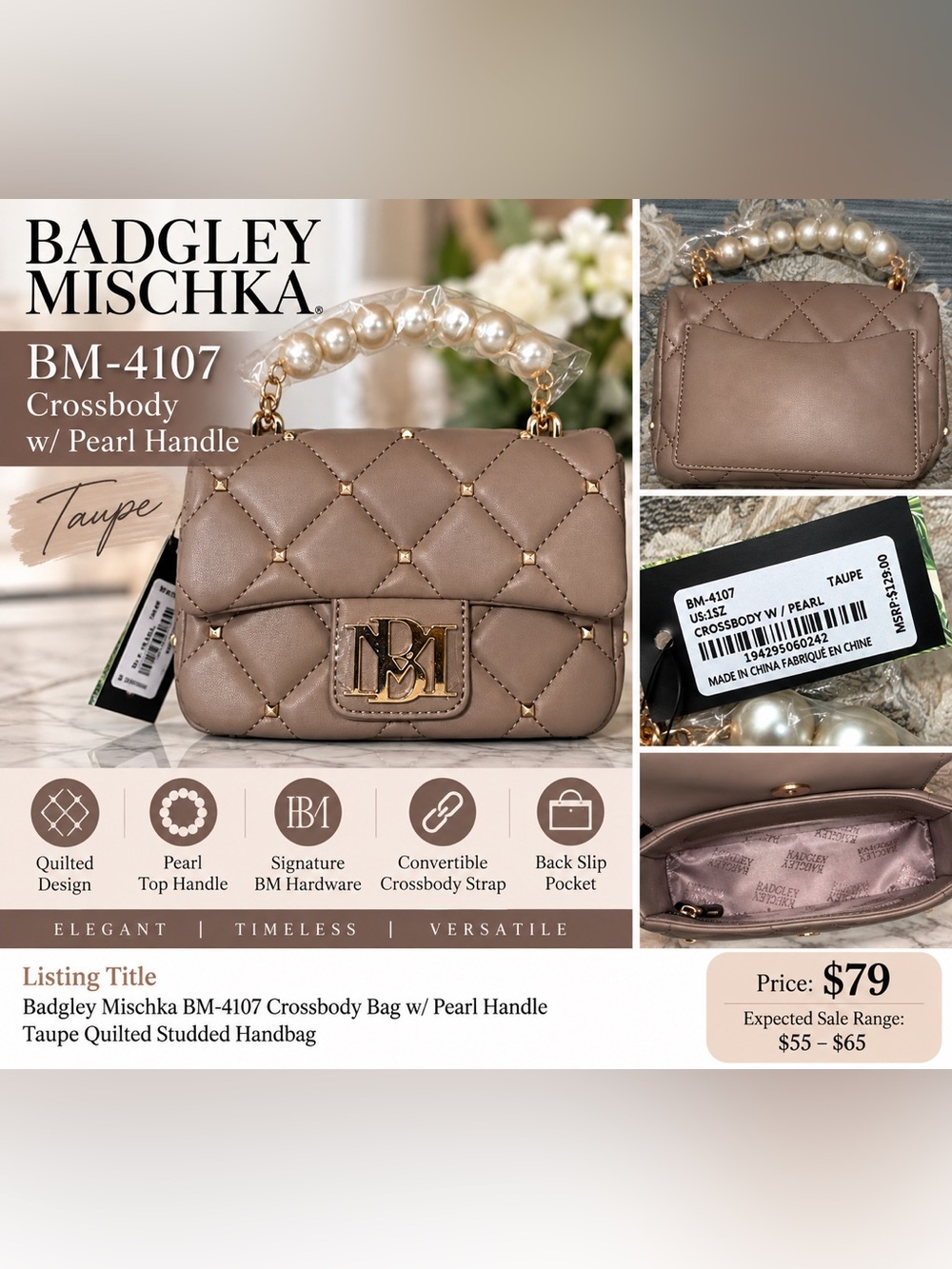 Badgley Mischka BM-4107 Taupe Quilted Crossbody Bag with Pearl Handle NWT
